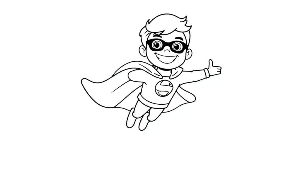 A black and white color panel of a smiling boy superhero flying, giving a thumbs up.