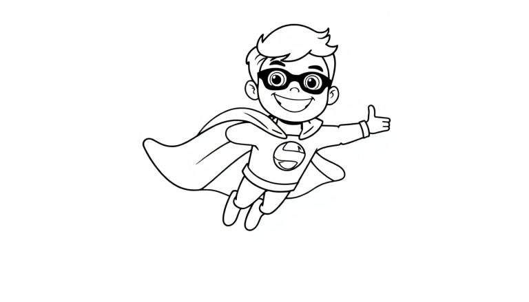 A black and white color panel of a smiling boy superhero flying, giving a thumbs up.