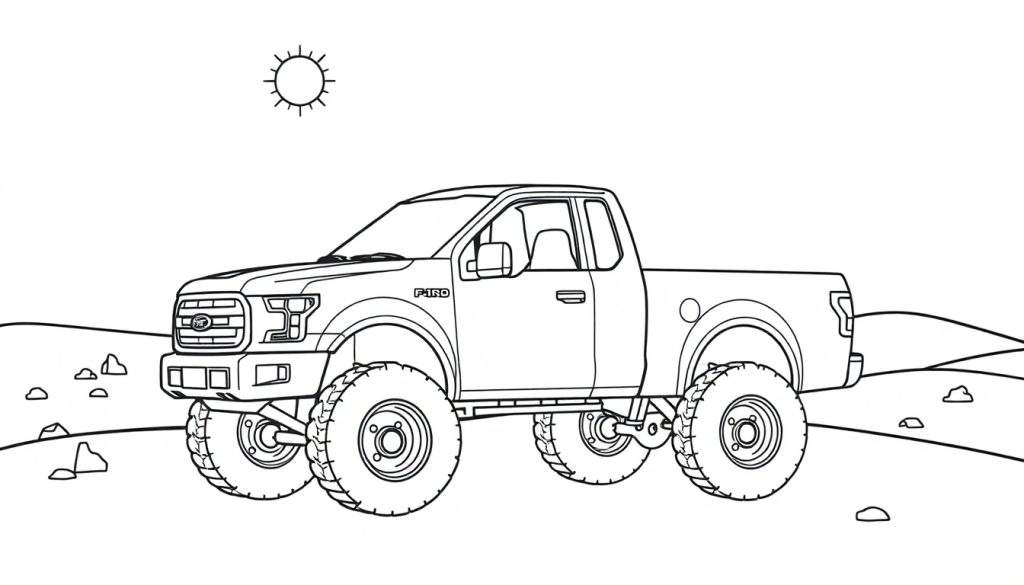 A cute Ford F-150 truck with big wheels on a desert color panel.