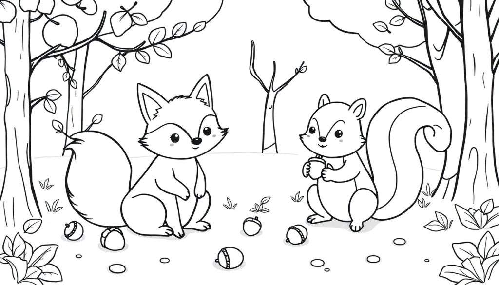 A black and white cartoon of a fox and squirrel in a forest color panel.