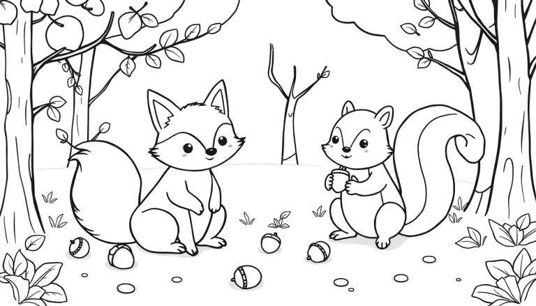 A black and white cartoon of a fox and squirrel in a forest color panel.