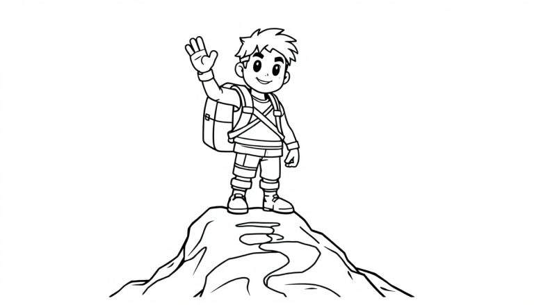 A cute Fortnite character coloring panel on a mountain peak.
