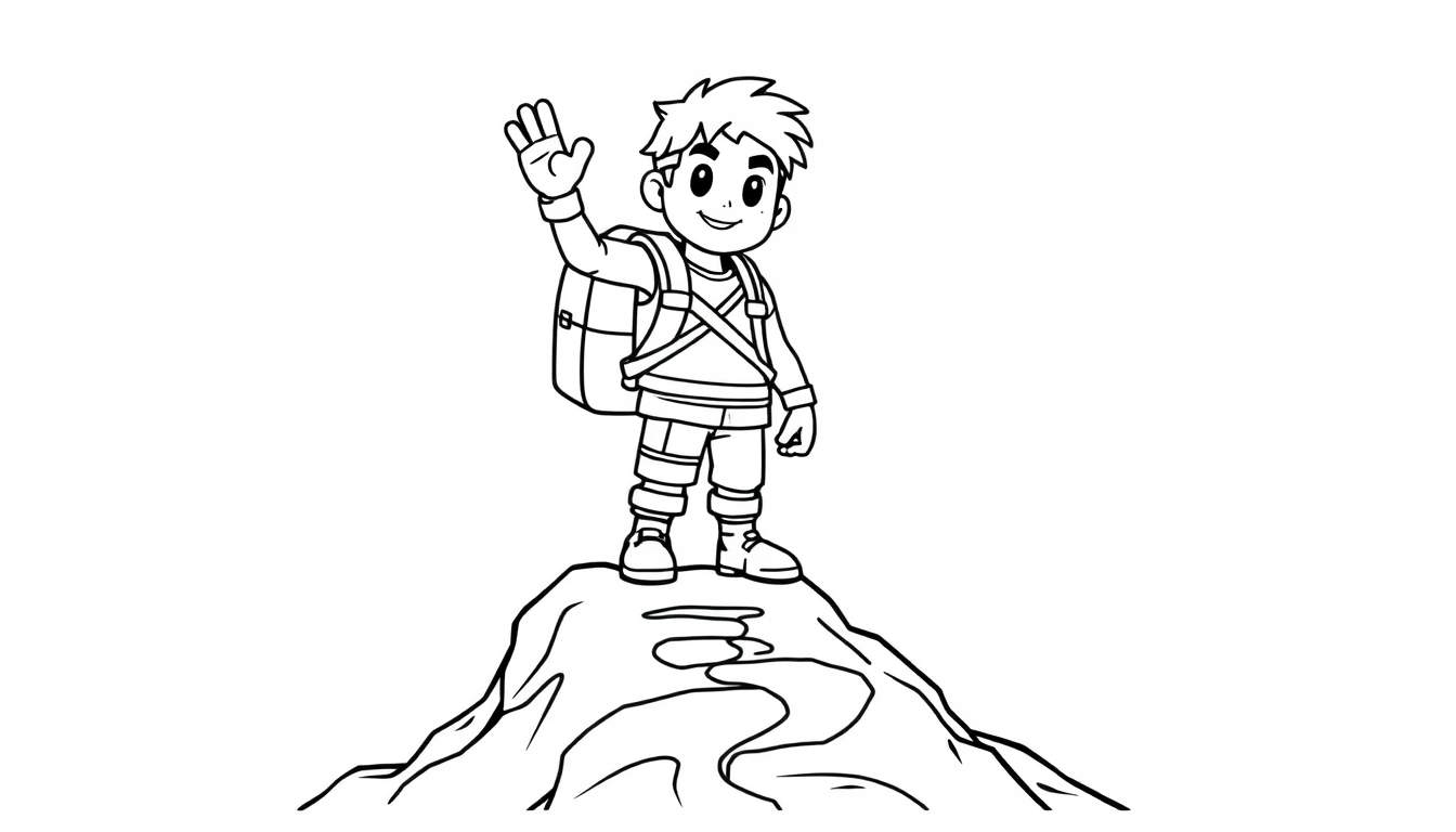 A cute Fortnite character coloring panel on a mountain peak.