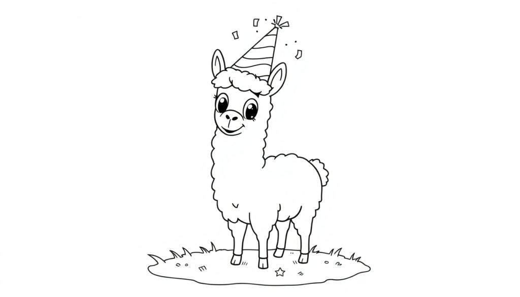 A cute llama in a party hat, ready for a color panel adventure.
