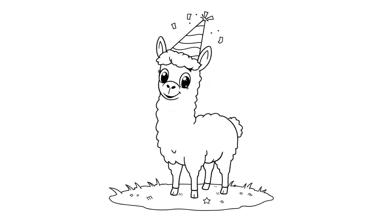 A cute llama in a party hat, ready for a color panel adventure.