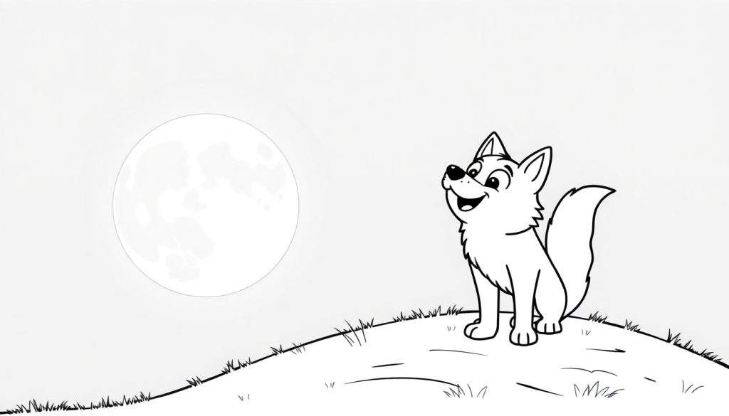 A friendly cartoon fox on a grassy hill looking up at a big moon, a black and white color panel for kids.