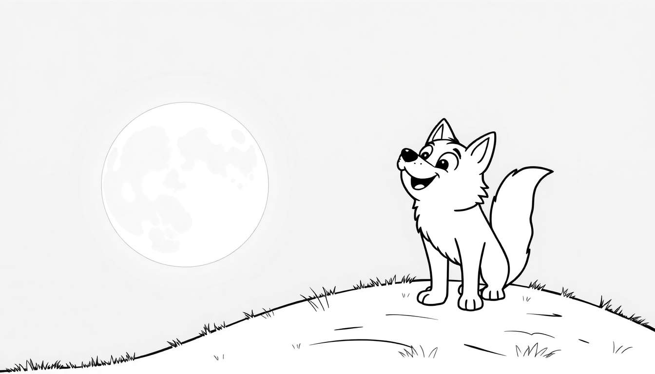 A friendly cartoon fox on a grassy hill looking up at a big moon, a black and white color panel for kids.