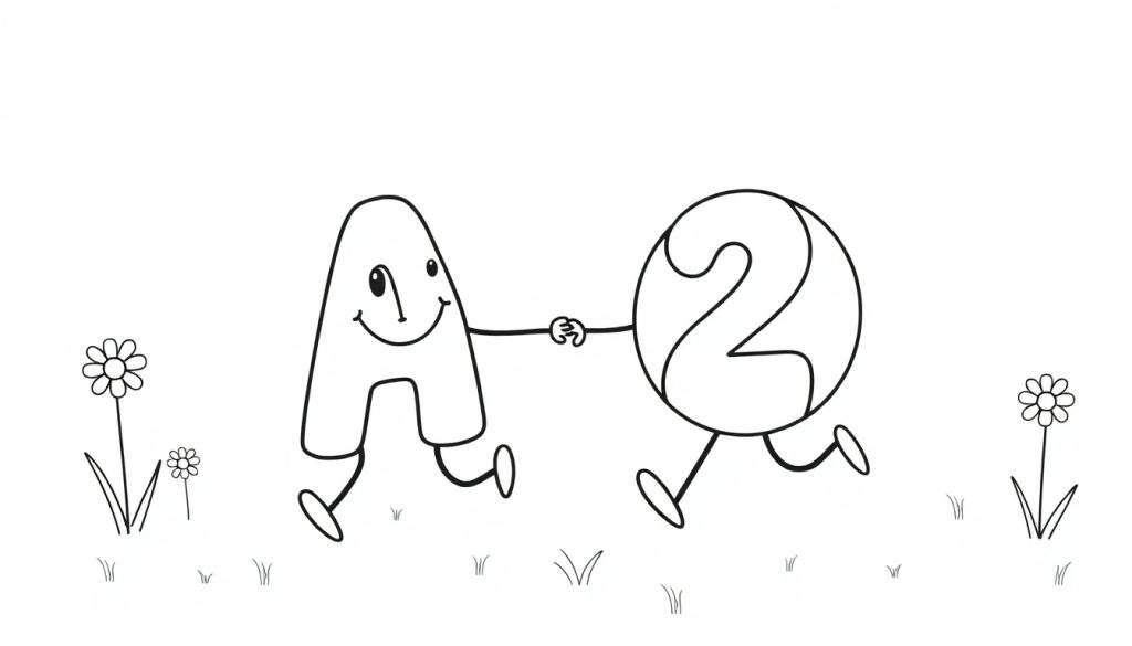 A black and white cartoon of the letter 'A' and the number '2' skipping together in a field, a playful color panel.