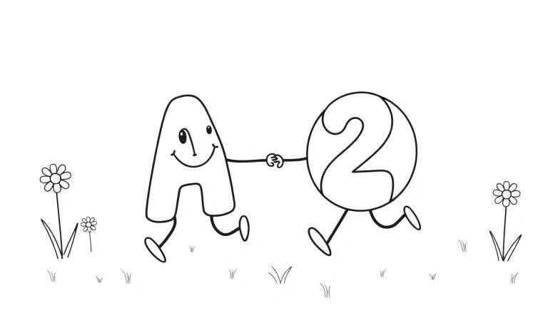 A black and white cartoon of the letter 'A' and the number '2' skipping together in a field, a playful color panel.