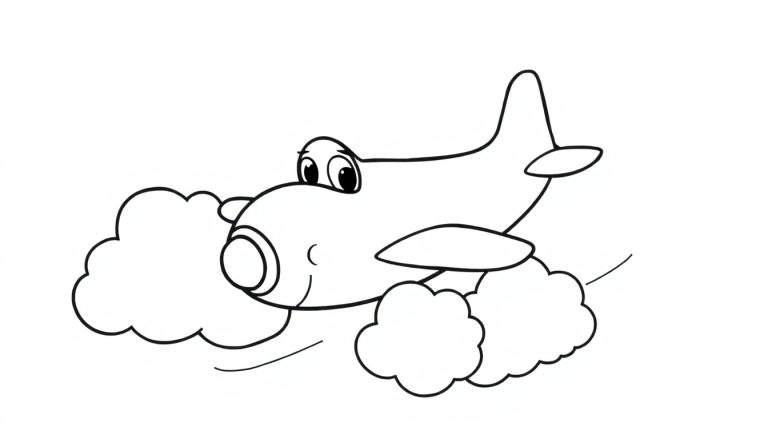 A happy cartoon airplane ready for coloring, flying through a cloud color panel.