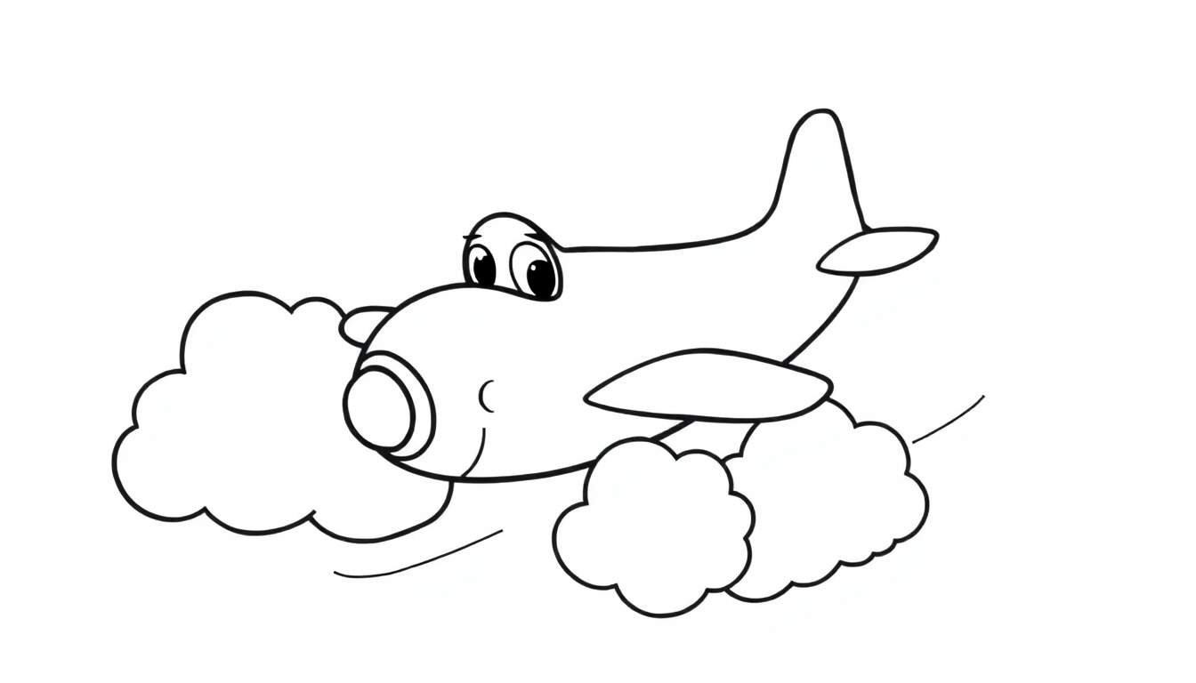 A happy cartoon airplane ready for coloring, flying through a cloud color panel.