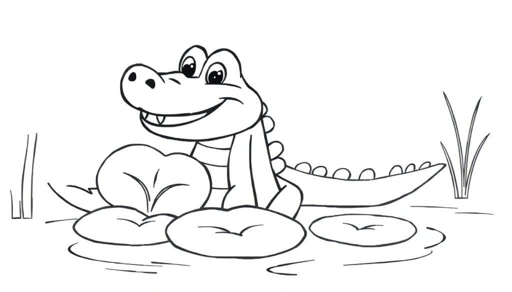 A friendly alligator on lily pads, ready for coloring in this black and white color panel.