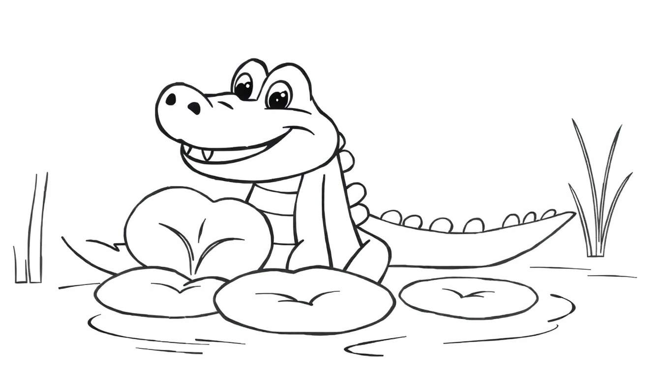 A friendly alligator on lily pads, ready for coloring in this black and white color panel.