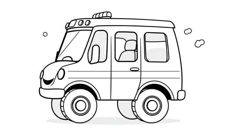 A friendly black and white cartoon ambulance with big wheels and emergency lights, ready for coloring. This is a color panel for kids.