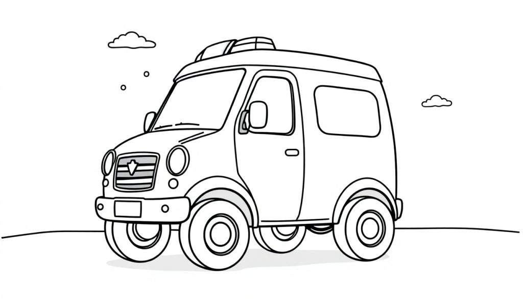 A friendly ambulance coloring page, a black and white illustration of a small van with a light bar on top, perfect for a color panel.