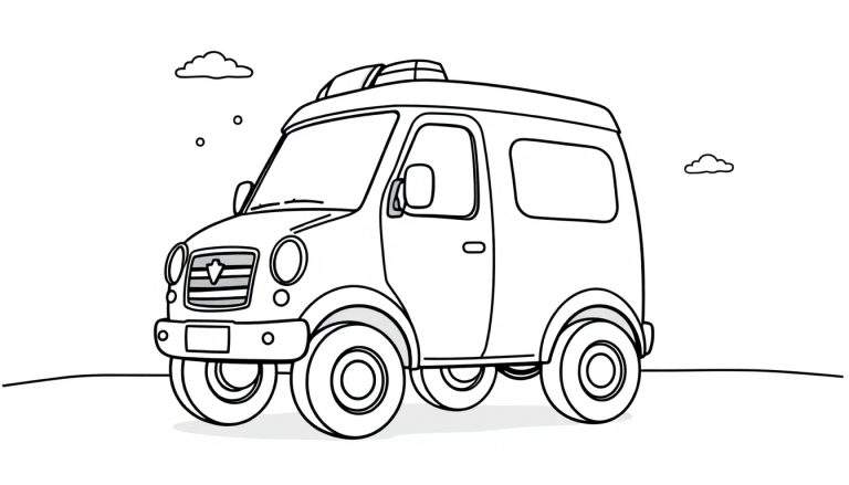 A friendly ambulance coloring page, a black and white illustration of a small van with a light bar on top, perfect for a color panel.