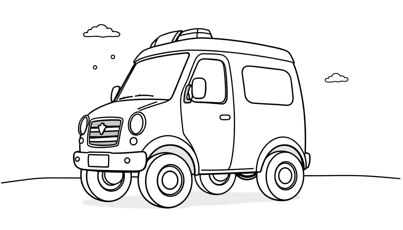 A friendly ambulance coloring page, a black and white illustration of a small van with a light bar on top, perfect for a color panel.