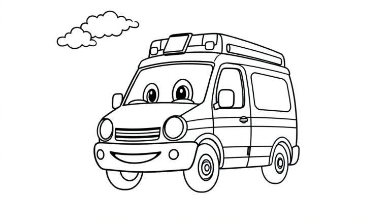 A friendly black and white cartoon ambulance with a smiling face, ready for coloring, part of a color panel.