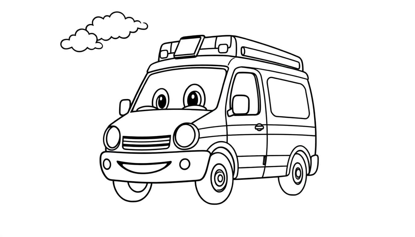 A friendly black and white cartoon ambulance with a smiling face, ready for coloring, part of a color panel.