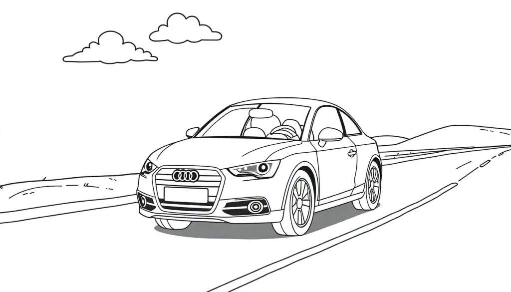 A cute, friendly Audi car smiling on a road, ready for kids to color. Black and white line art. This is a color panel.