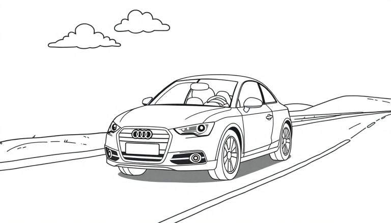 A cute, friendly Audi car smiling on a road, ready for kids to color. Black and white line art. This is a color panel.