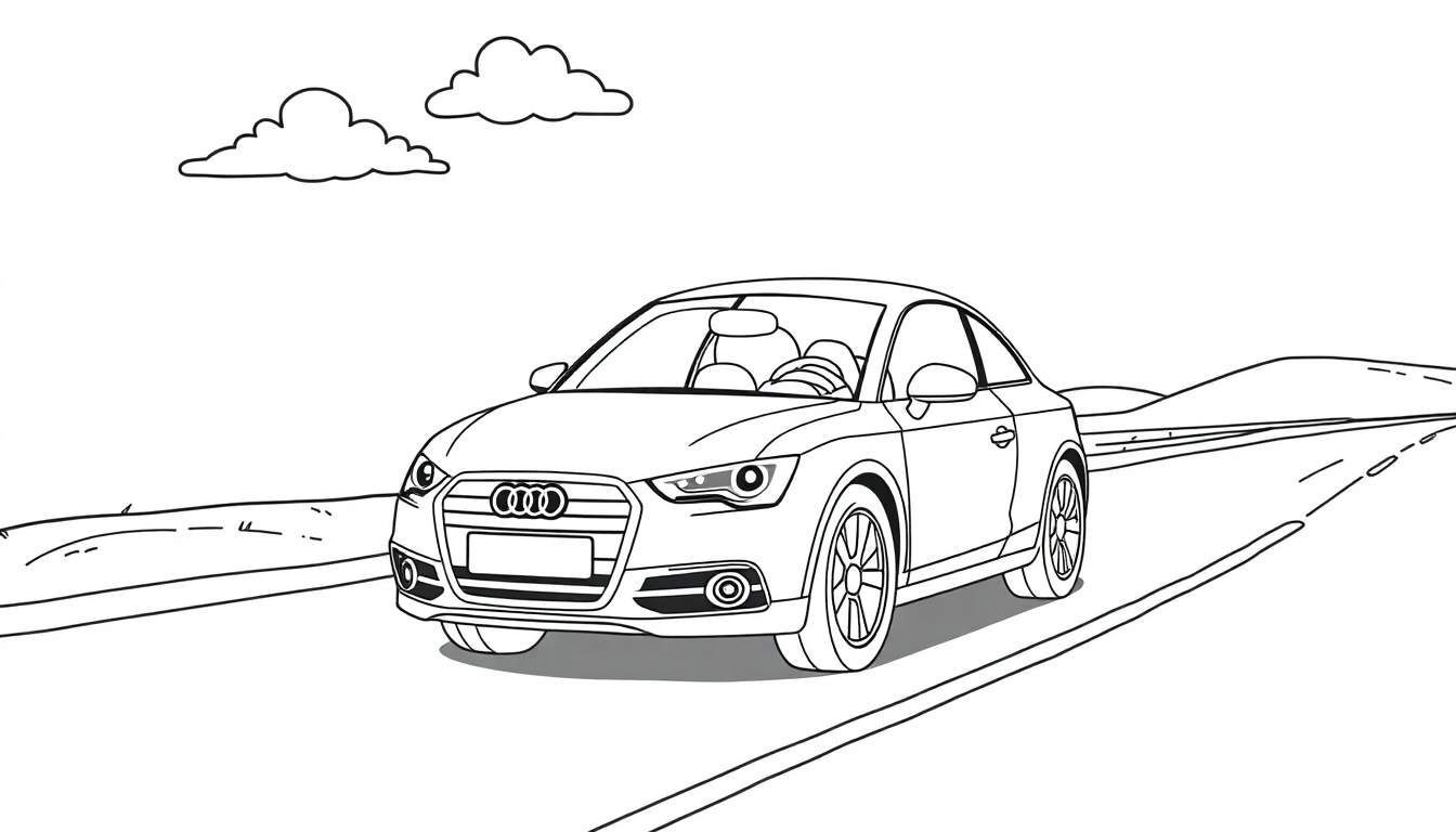 A cute, friendly Audi car smiling on a road, ready for kids to color. Black and white line art. This is a color panel.