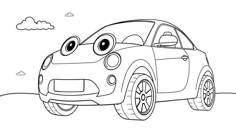 A cute black and white cartoon BMW car with big friendly headlights, ready for coloring. This color panel features a smiling car on a simple ground with clouds.