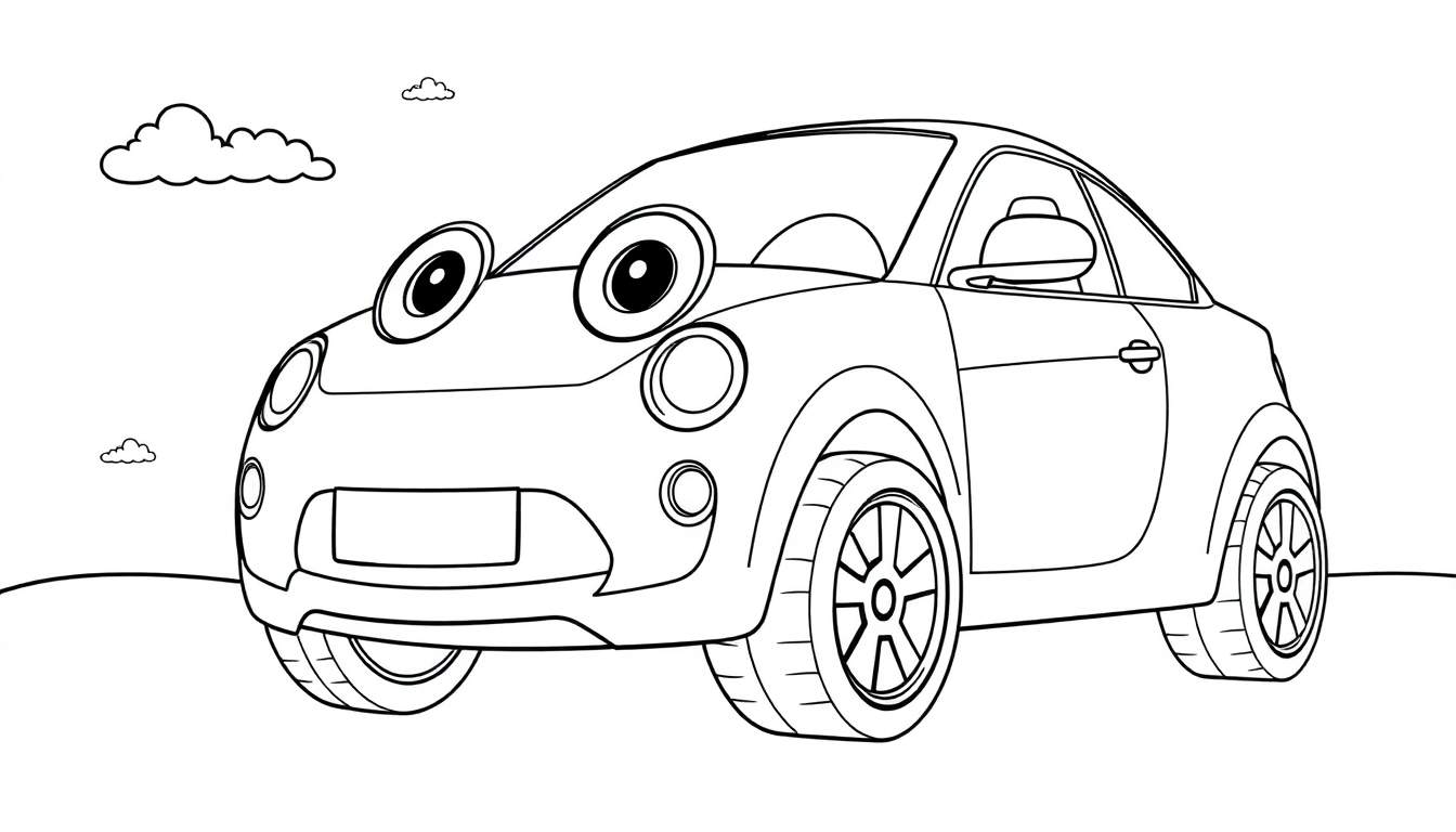 A cute black and white cartoon BMW car with big friendly headlights, ready for coloring. This color panel features a smiling car on a simple ground with clouds. 
