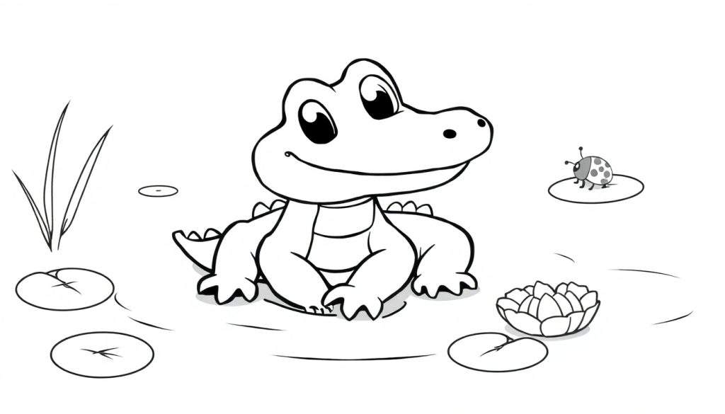 A cute baby alligator in a pond, part of a color panel, waiting to be colored.