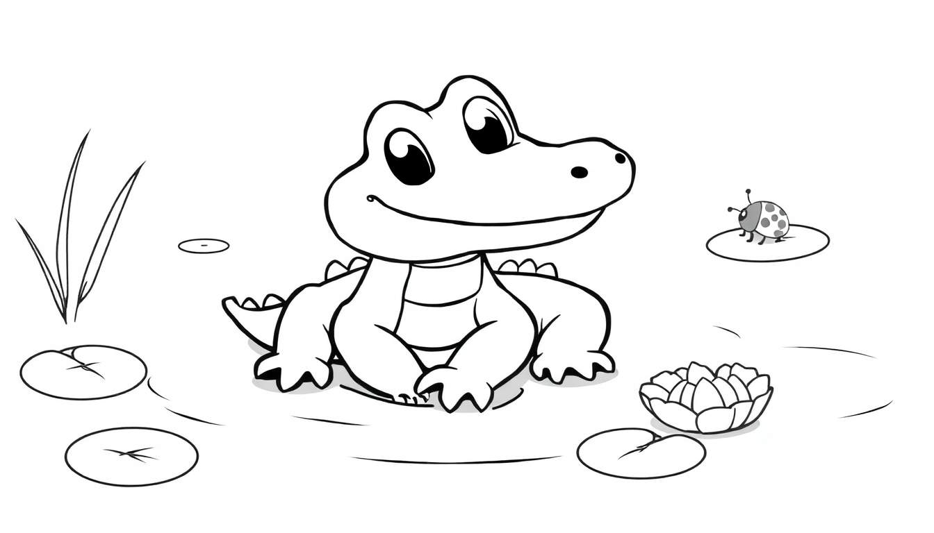 A cute baby alligator in a pond, part of a color panel, waiting to be colored.