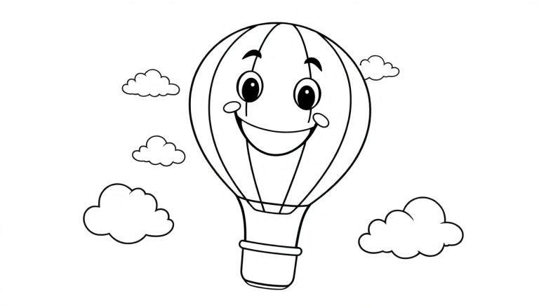 A friendly hot-air balloon with a smiling face, ready for coloring. This color panel is waiting for your art!