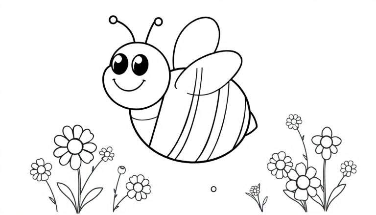 A friendly bee coloring panel flying through flowers.