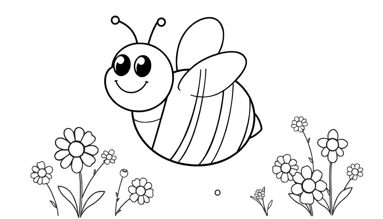 A friendly bee coloring panel flying through flowers.