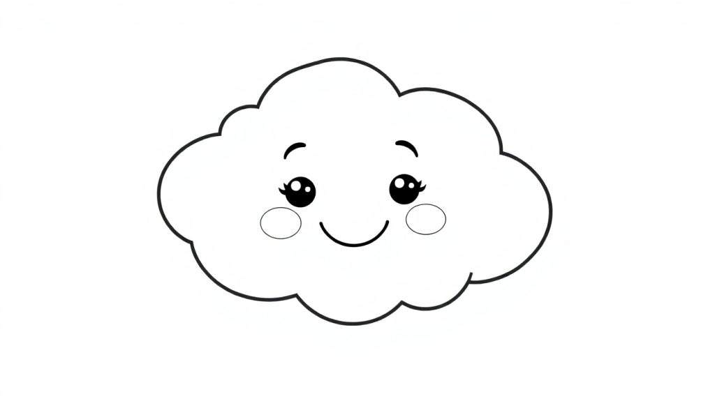 A happy cartoon cloud with a friendly face, ready for coloring. This black and white outline makes it a perfect color panel.