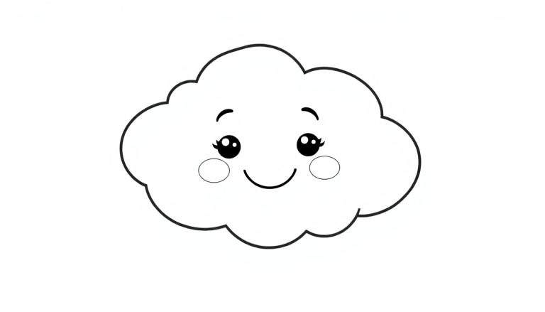 A happy cartoon cloud with a friendly face, ready for coloring. This black and white outline makes it a perfect color panel.