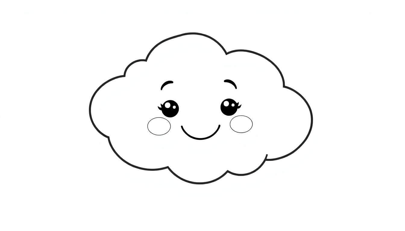 A happy cartoon cloud with a friendly face, ready for coloring. This black and white outline makes it a perfect color panel.