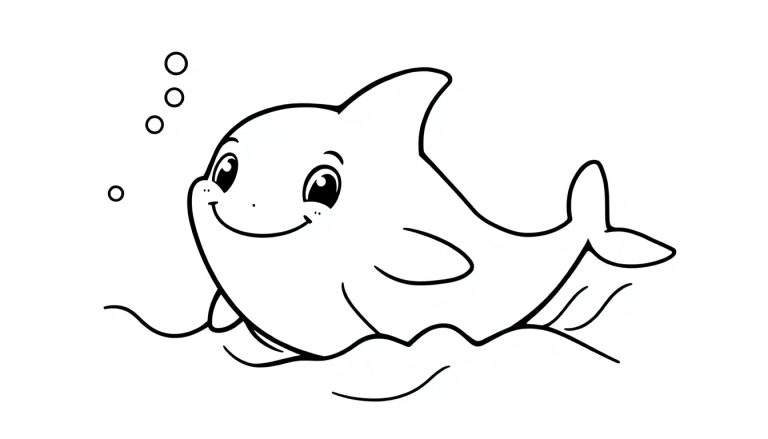 A black and white cartoon drawing of a smiling dolphin, ready to be colored in this color panel.