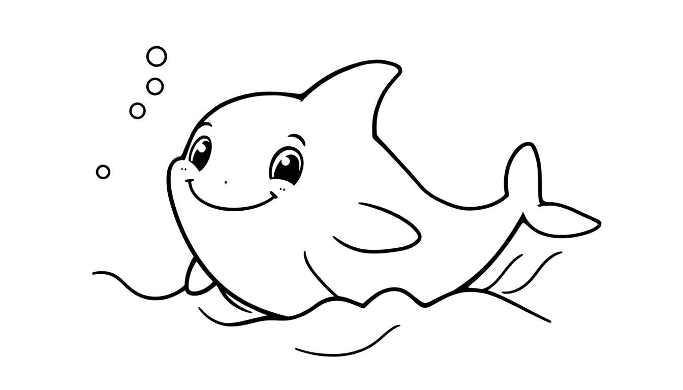 A black and white cartoon drawing of a smiling dolphin, ready to be colored in this color panel.