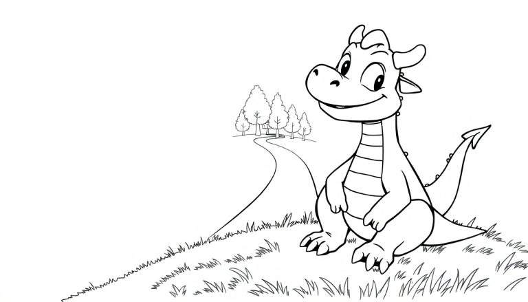 A friendly cartoon dragon on a grassy hill, ready for a coloring adventure! This outline is a perfect color panel for kids.