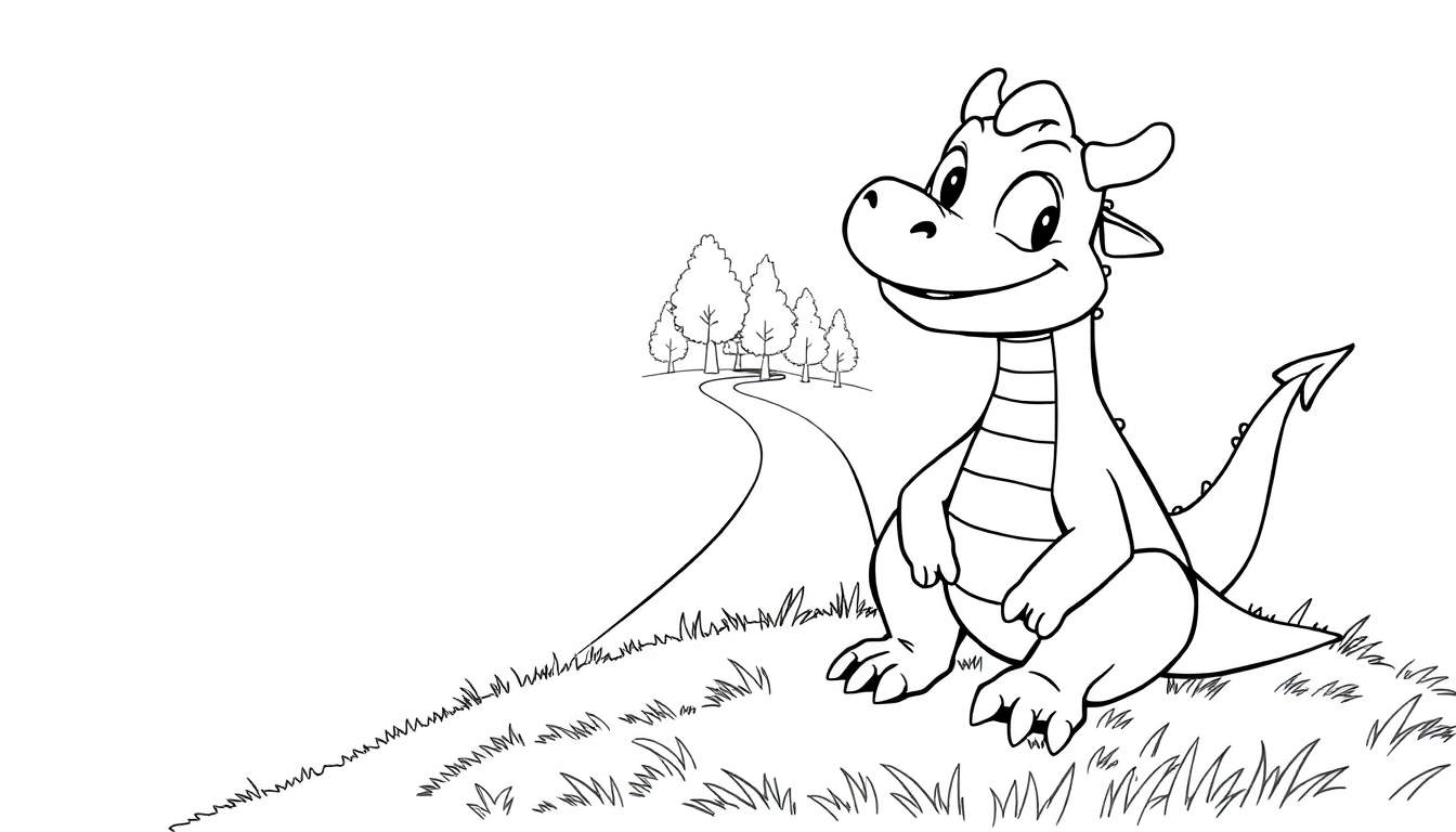A friendly cartoon dragon on a grassy hill, ready for a coloring adventure! This outline is a perfect color panel for kids.