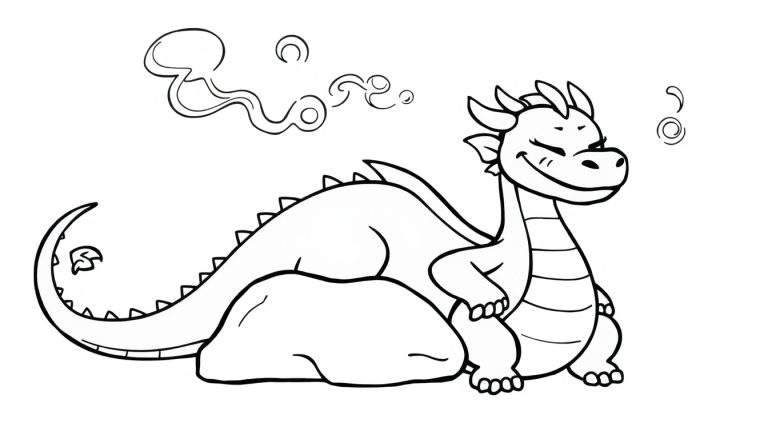 A friendly black and white cartoon dragon sitting on a rock, exhaling smoke rings, for a color panel.