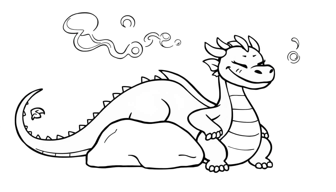 A friendly black and white cartoon dragon sitting on a rock, exhaling smoke rings, for a color panel.