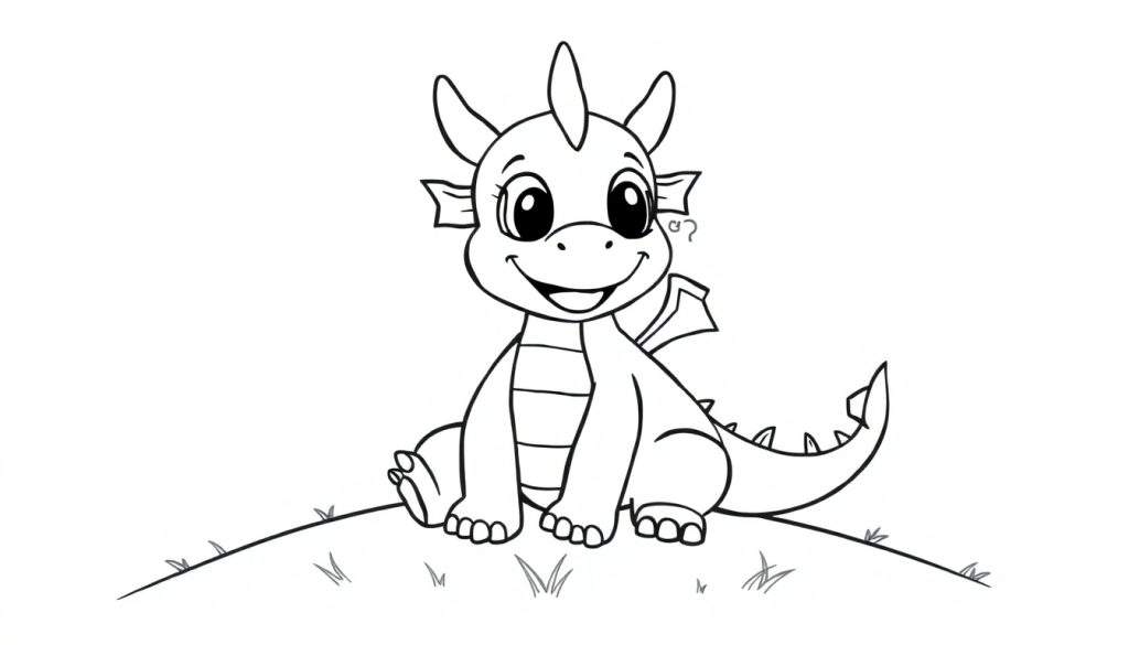 A cute cartoon dragon, ready for a color panel, with big eyes and a happy smile, breathing a tiny puff of smoke.