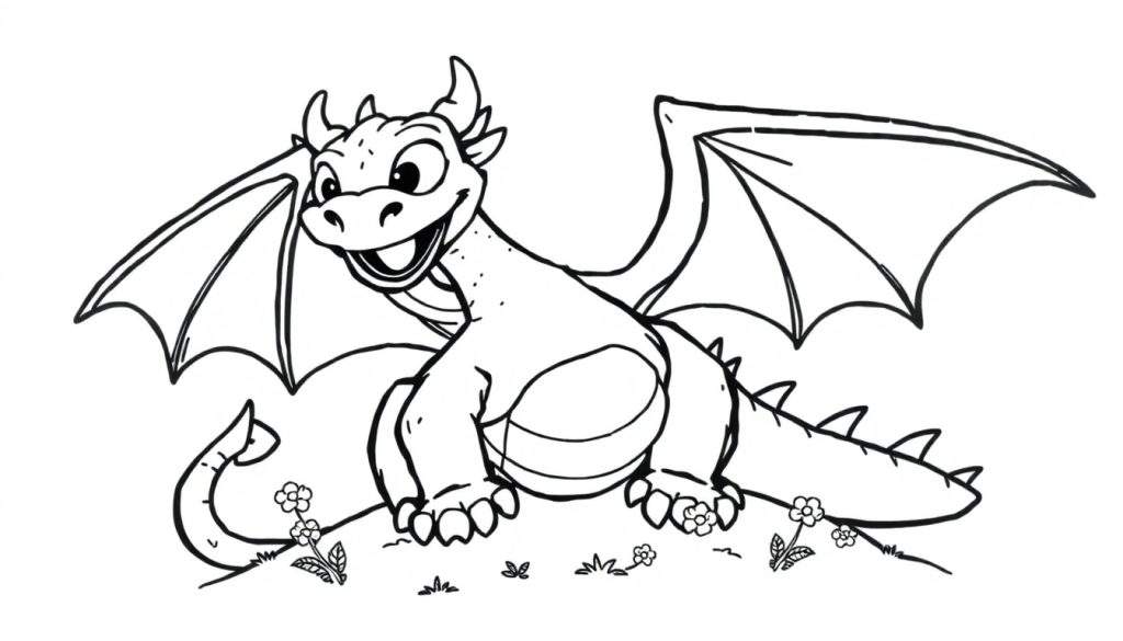 A friendly cartoon dragon, perfect for a color panel, with big eyes and a smile.
