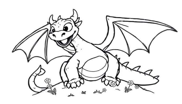 A friendly cartoon dragon, perfect for a color panel, with big eyes and a smile.