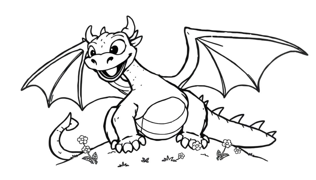 A friendly cartoon dragon, perfect for a color panel, with big eyes and a smile.