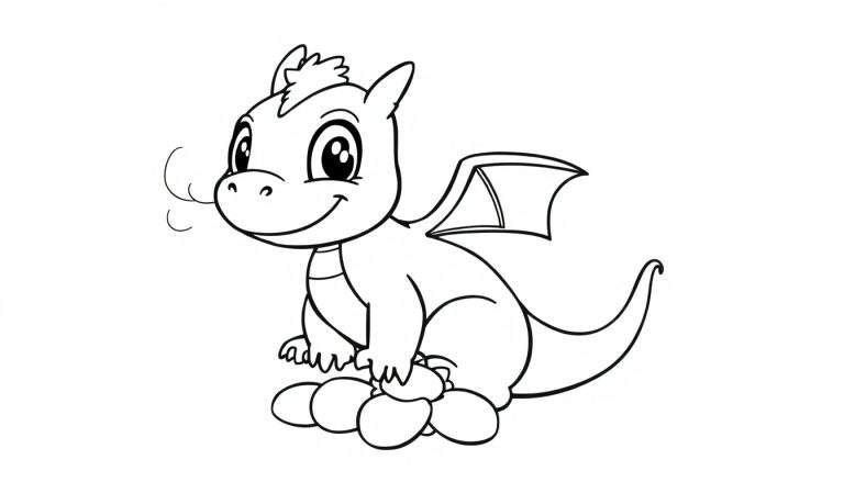 Cute cartoon dragon outline, sitting and smiling, ready for color panel fun!