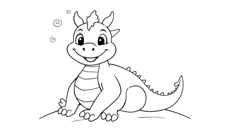 A cute cartoon dragon line art color panel, smiling with large eyes and small horns.