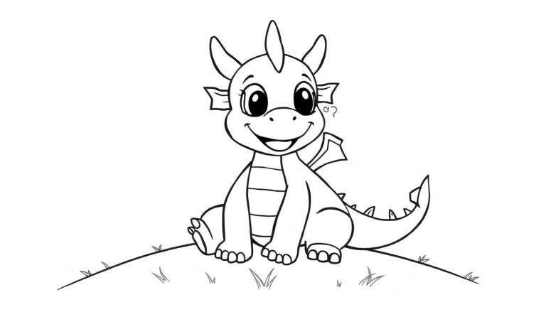 A cute cartoon dragon, ready for a color panel, with big eyes and a happy smile, breathing a tiny puff of smoke.