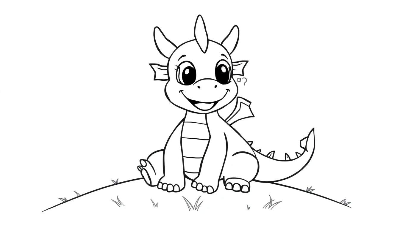 A cute cartoon dragon, ready for a color panel, with big eyes and a happy smile, breathing a tiny puff of smoke.
